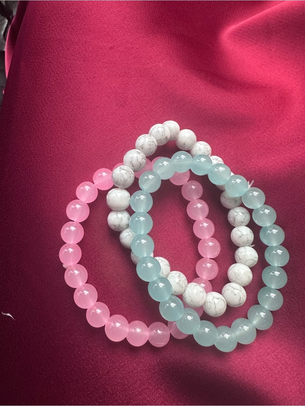 Rose Pink, Sky Blue and White Beaded Stretch Bracelet Set